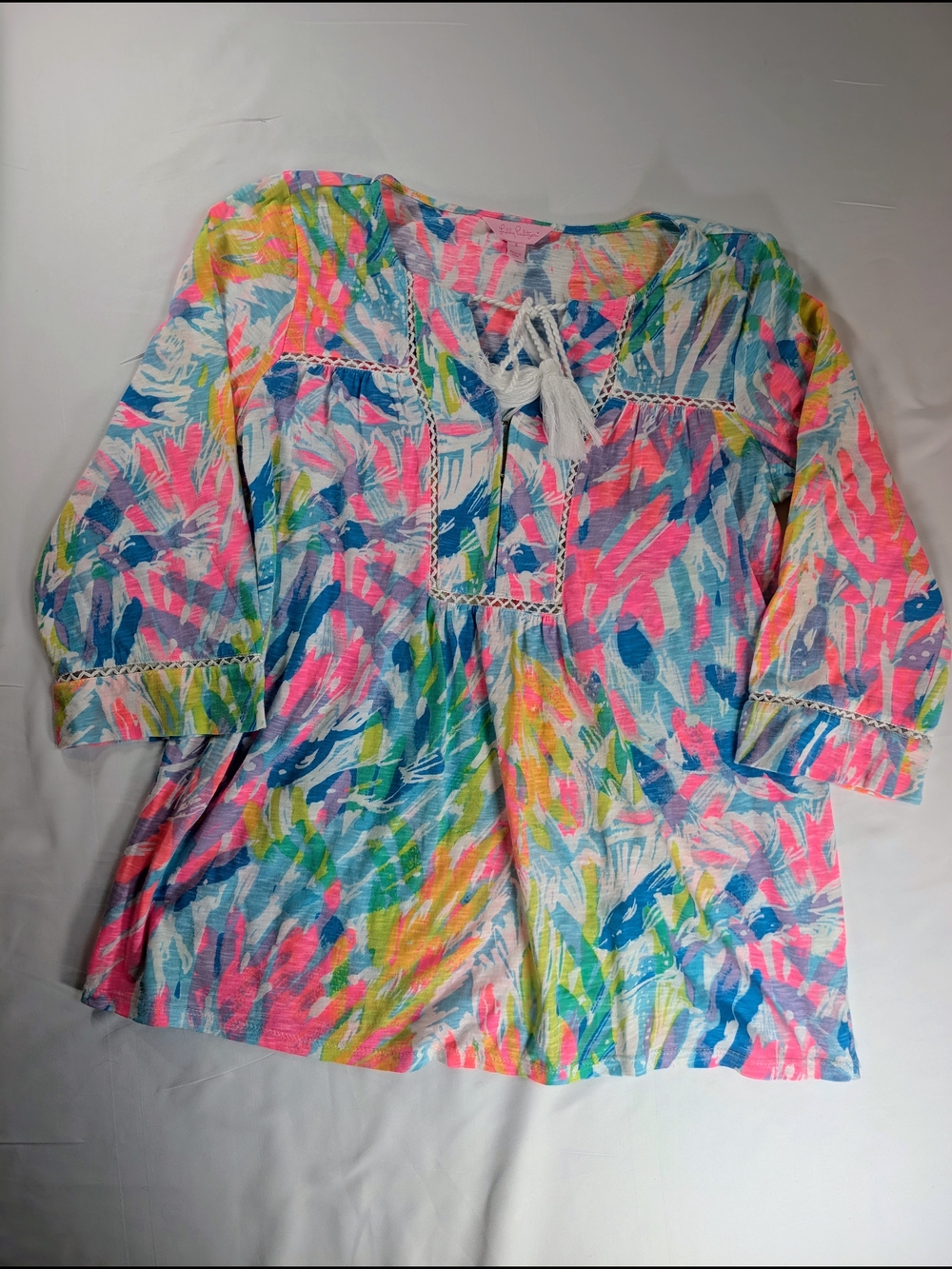 Lilly Pulitzer Tropical Multicolor Tassel Peasant Top - Pink Blue Green